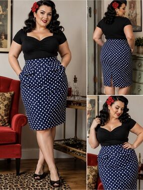 Grace Karin Navy White Polka Dot Pencil Skirt Ruffle Waist Retro Pin Up 14